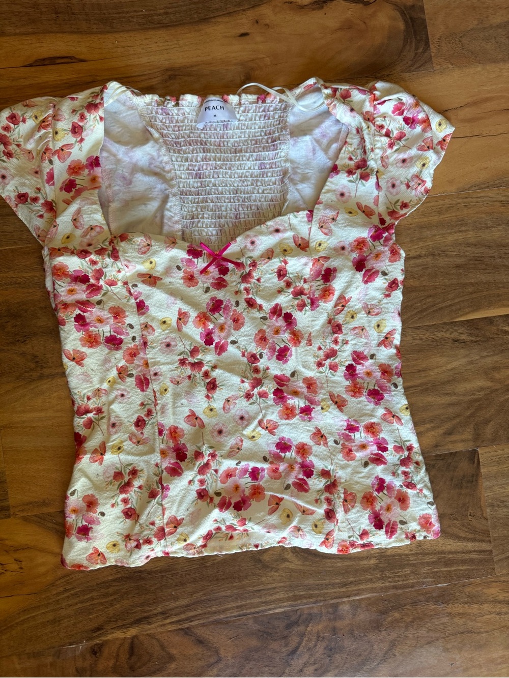 Peach Love California White Floral Smocked Crop Top with Pink & Coral Blossoms